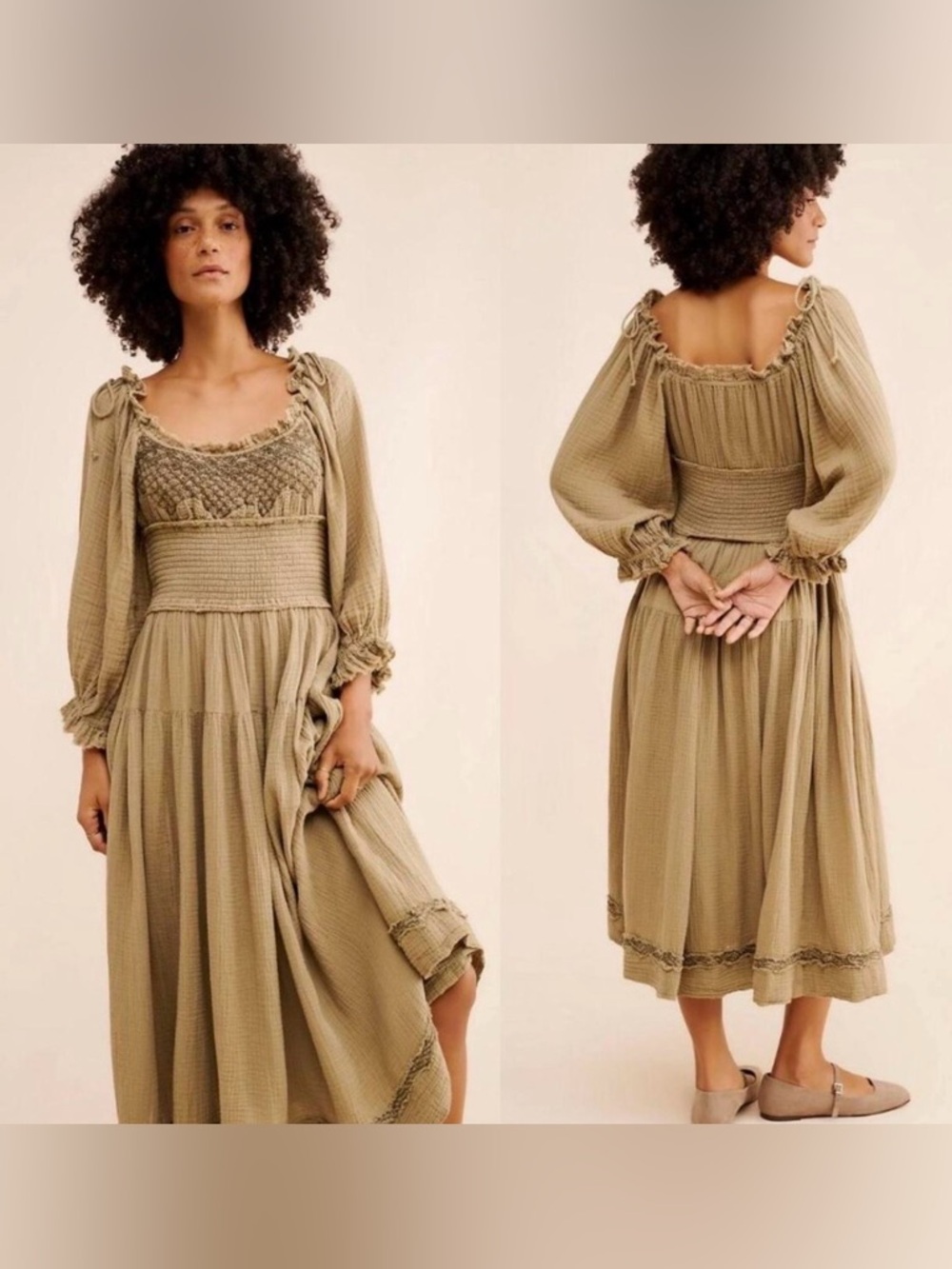 Free People Toledo Midi Dress Cotton Gauze Boho Gypsy Renaissance Medium - Picture 2 of 8